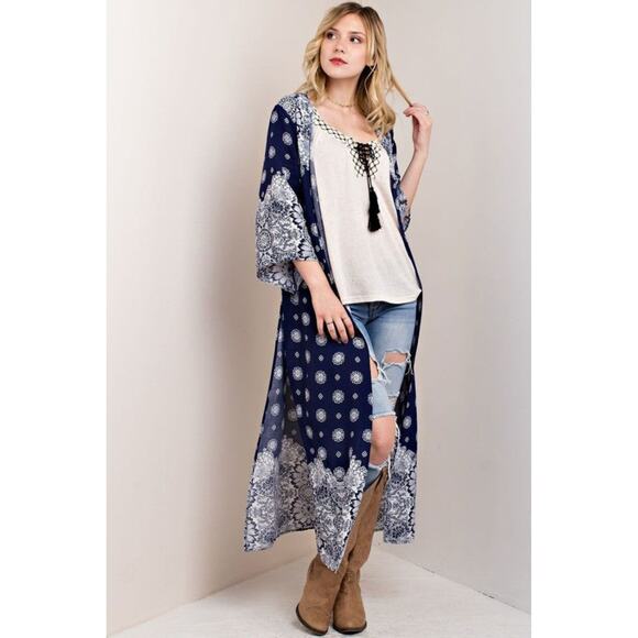 2/$30 Kori America Duster Kimono Navy Blue Long Boho Size S - Picture 1 of 11